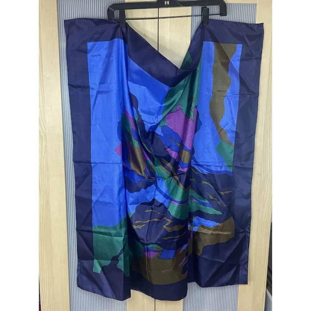 Vintage Thaiand Thai Silk Scarf Blue Purple Art 34” X 34” Boho Preppy Elegant - Picture 1 of 2